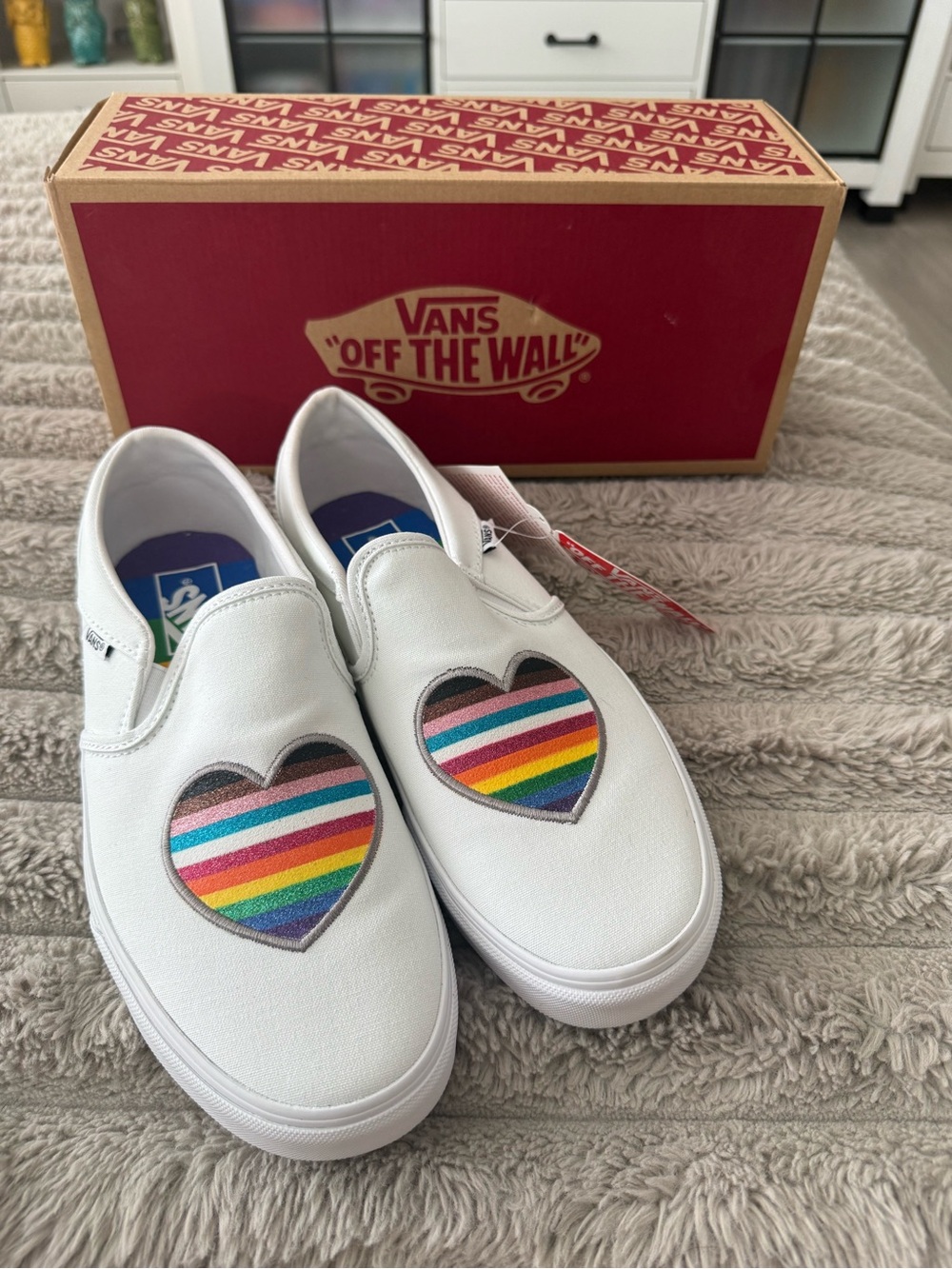 Vans women’s Classic Slip-On White Shoes with Rainbow Heart